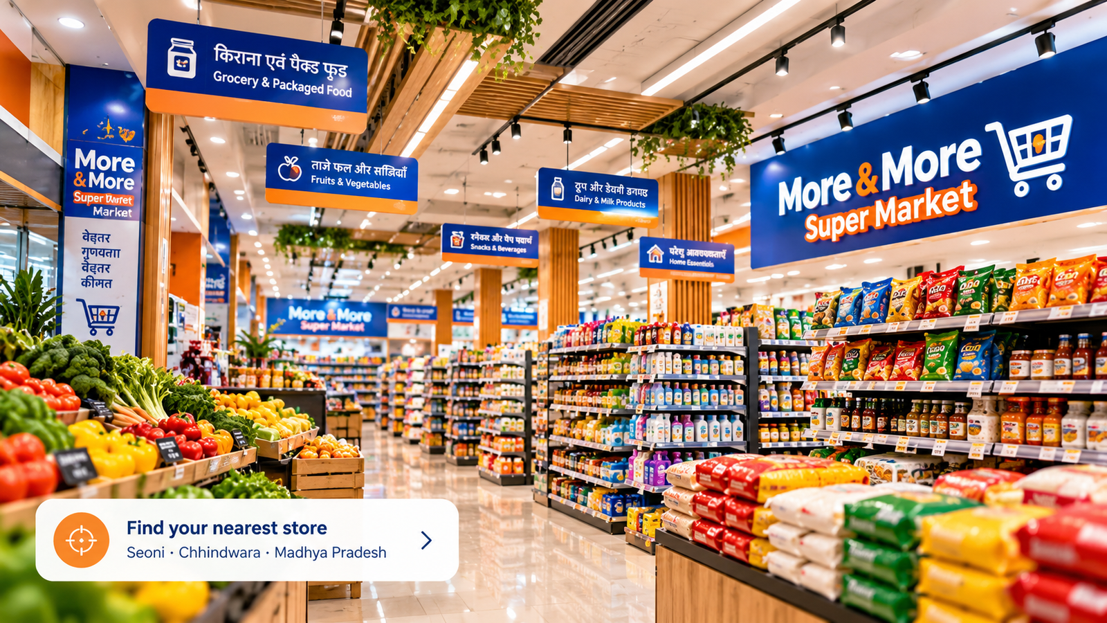 Supermarket grocery aisles and fresh products