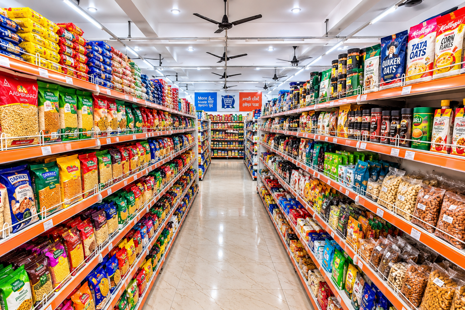 Well-stocked supermarket shelves